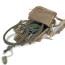 A.Blochl TF2 hydration pack in tan with open compartment showing 1.5L water bladder and MOLLE straps