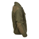 Olive green Blochl Brand Austrian military style fleece jacket with high neck, full zip, and reinforced shoulder and elbow patches.