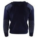 Dark blue genuine Dutch army sweater with reinforced shoulder and elbow patches, round neck military pullover jumper.