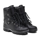 Pair of black Genuine French Military Felin ranger boots with Gore-Tex lining and rugged grip soles shown on white background