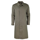 Vintage olive green French military waterproof trench coat with full length and storm flap front closure