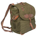 Genuine Romanian army surplus olive drab canvas rucksack with adjustable leather shoulder straps and buckle closure.