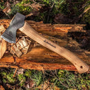 Hultafors Hultan gardening axe with carbon steel blade and hickory handle resting on chopped wood outdoors