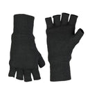 Black fingerless gloves with Thinsulate lining, designed for warmth and dexterity in cold weather.