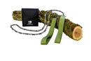 Nordic Pocket Saw long edition carbon steel hand chain saw with green handles and black carrying case on log.