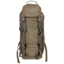 Large olive green tactical backpack with padded back, multiple straps, and durable nylon for outdoor and military use.