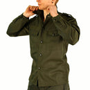 Man wearing original Austrian BH army combat olive green military button-down shirt adjusting collar