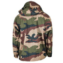 Back view of original French military waterproof trilaminate rain jacket in green and brown CCE camouflage pattern with hood.
