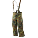 Original German army Gore-Tex rain pants with Flecktarn camouflage, bib and brace design, waterproof and breathable.