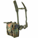 Original German army tactical belt and Y-strap harness in Flecktarn camouflage with attached pouch for gear storage