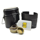 Original Swedish Army Trangia stove cook set with spirit burner, fuel bottle, windshield, and mess kit components.