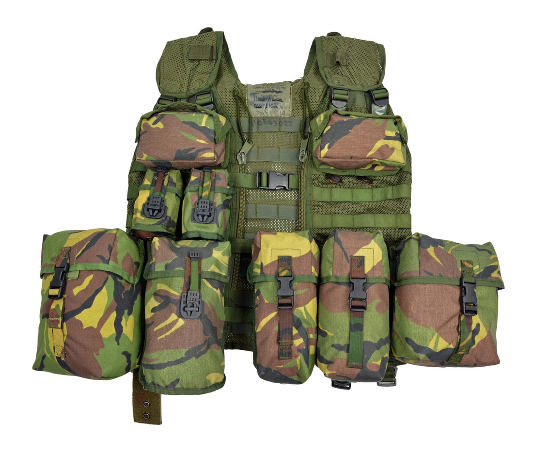 Chaleco de combate modular militar holandés original, 10 bolsas incluidas, camuflaje DPM