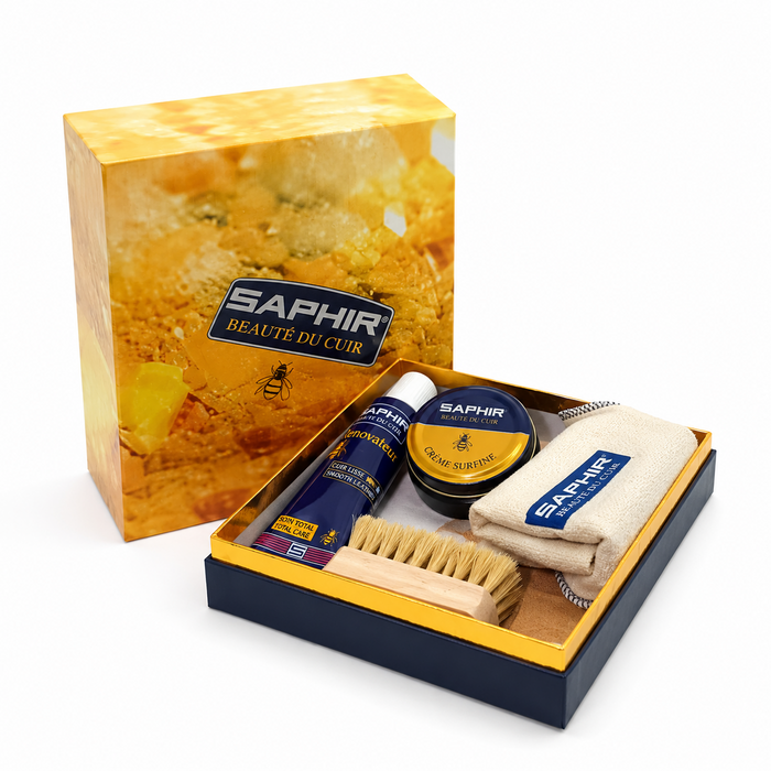 Saphir Box Kit grande para el cuidado del calzado, juego de paños y cepillos para pulir cuero liso