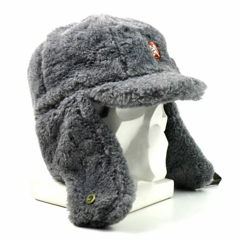 Genuino ejército checo Capa de invierno Ushanka Fur gris Sombrero cálido Cz Militares Isignia