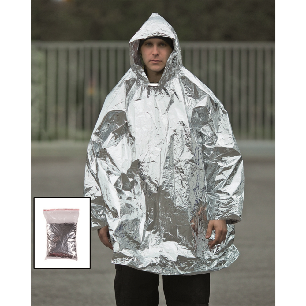Mil-Tec Poncho de supervivencia de emergencia con capucha y cubierta térmica ligera para la lluvia