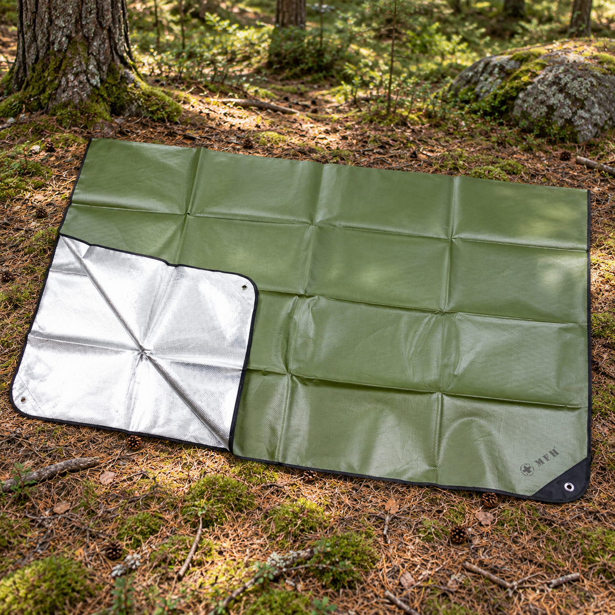 MFH Lona de Emergencia 210 x 150 cm Lona de Camping Revestida de Aluminio OD Verde