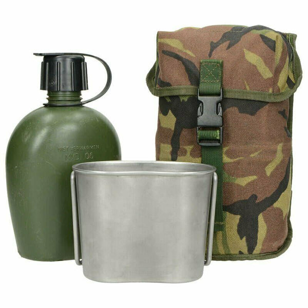 Cantina del ejército holandés genuino W Pouch y Copa de acero inoxidable Tapa Tapa DPM CAMO MOLLE