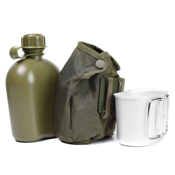 Frasco de bebida del ejército austriaco original con bolsa de taza OD 1 litro Cantina NUEVO