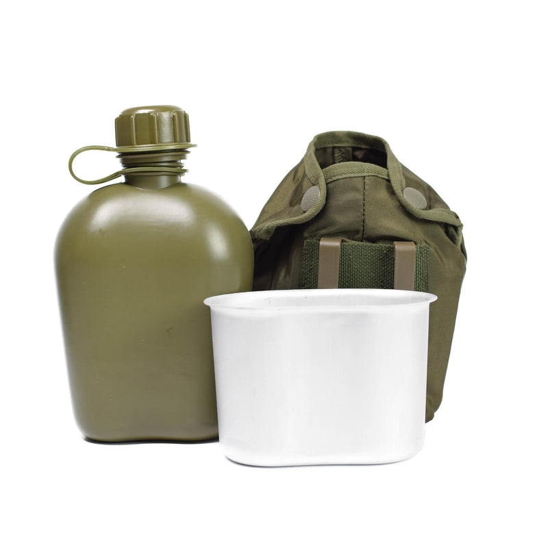Frasco de bebida del ejército austriaco original con bolsa de taza OD 1 litro Cantina NUEVO