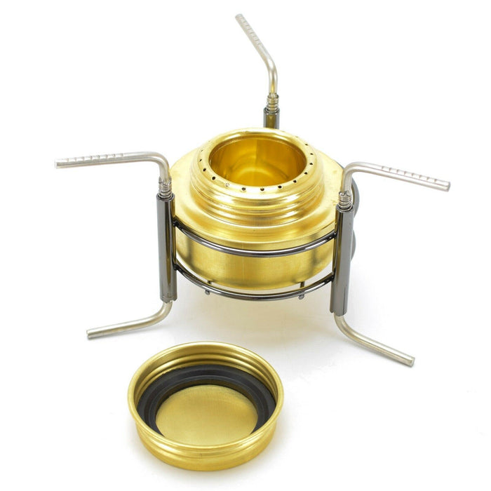 Quemador de alcohol, tapa para acampar, soporte para cocinar, kit de desorden de latón, estufa de alcohol, cocina con trípode - GoMilitar