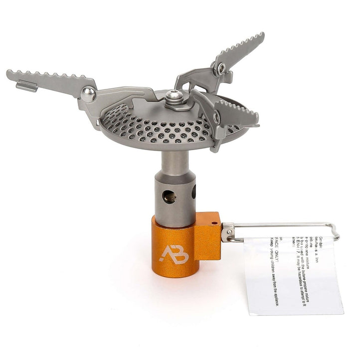 Estufa de gas para camping A.Blochl AB-16, ligera, de titanio, con llama ajustable y resistentes soportes para ollas para senderismo.