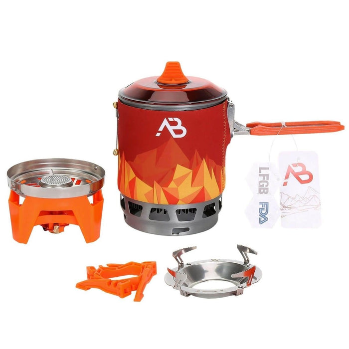 Sistema de estufa para exterior A.Blochl AB-3 con cocina de gas compacta, protección contra el viento e intercambiador de calor para un uso eficiente del combustible.