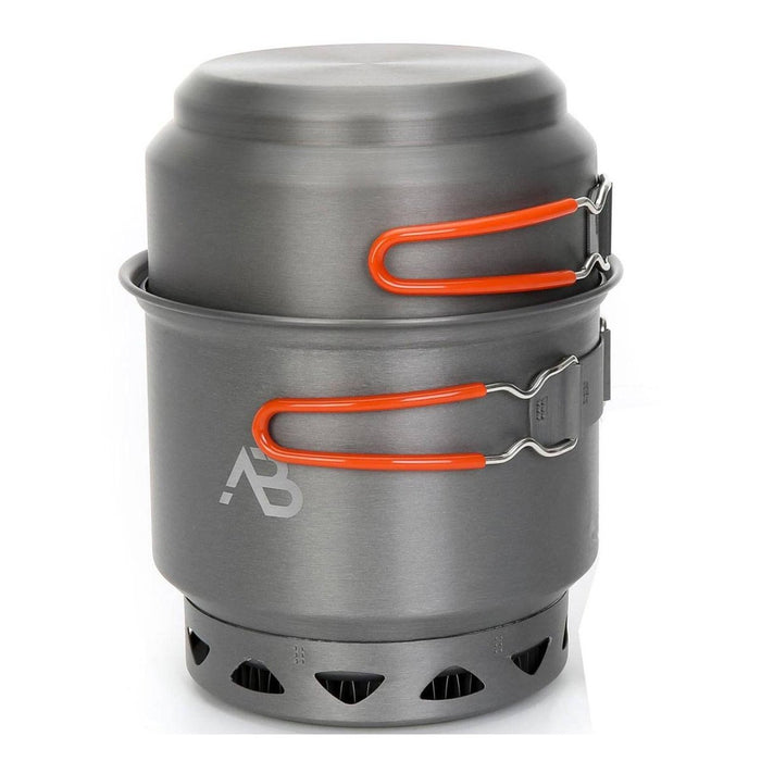 Olla y sartén para acampar de aluminio anodizado duro, livianas, A.Blochl Star X1, apiladas, con intercambiador de calor y asas naranjas