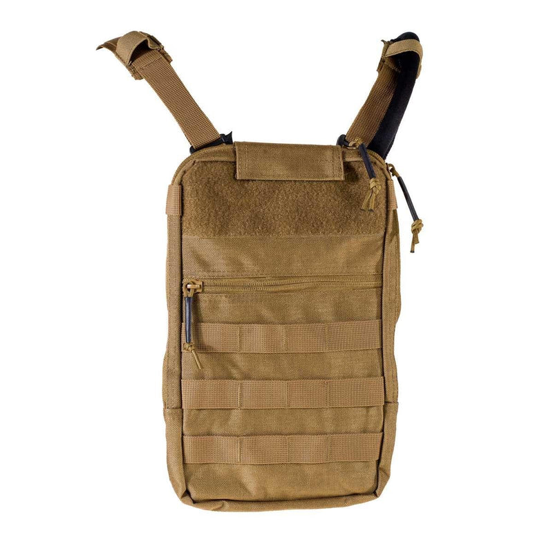 Coyote brown A.Blochl TF2 Hydration pack with MOLLE attachments and zippered storage pocket for outdoor use