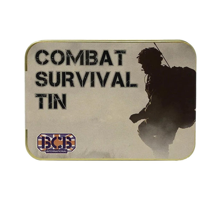 Lata de supervivencia Combat con diseño de silueta y logo 'BCB' sobre fondo blanco.