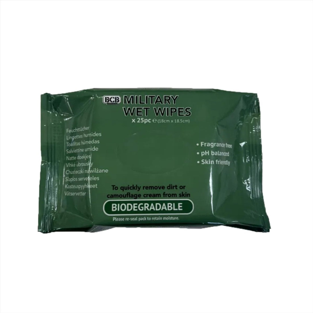 Toallitas húmedas militares BCB, paquete de 25, biodegradables, amigables con la piel, pH equilibrado