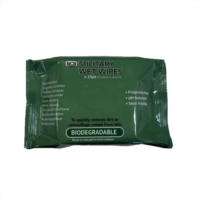 Toallitas húmedas militares BCB, paquete de 25, biodegradables, aptas para la piel, con pH equilibrado - GoMilitar