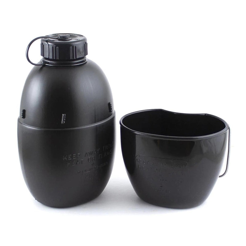 Black NATO style canteen with matching cup from BCB Multi-Fuel Cooking System for outdoor use