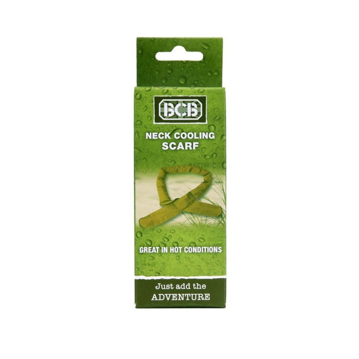 Embalaje verde de una bufanda refrescante para el cuello con la marca BCD sobre un fondo blanco.