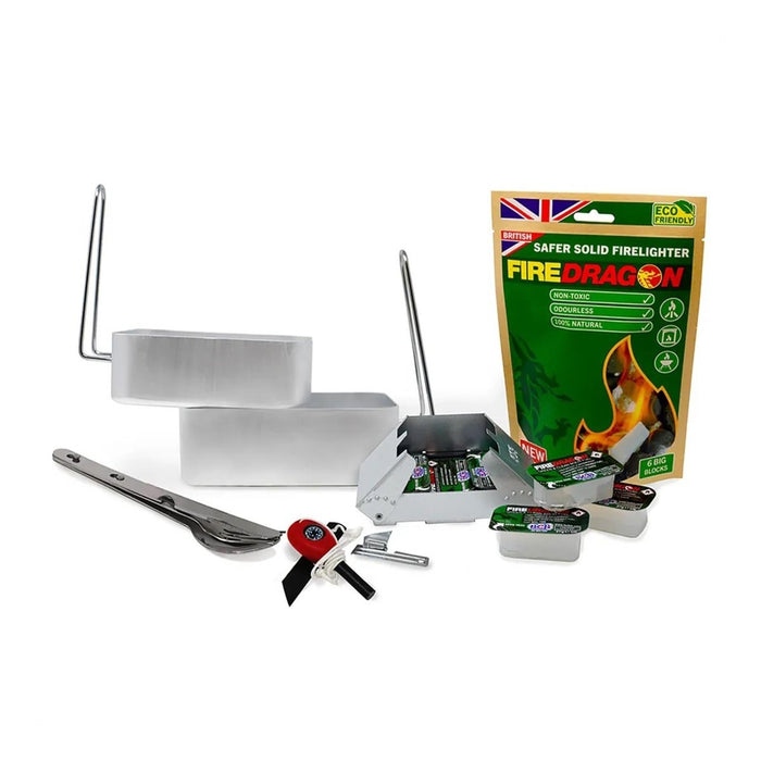 Juego de cocina para exteriores BCB con recipientes, cubiertos, abrelatas y bloques para encendedor de combustible sólido FireDragon