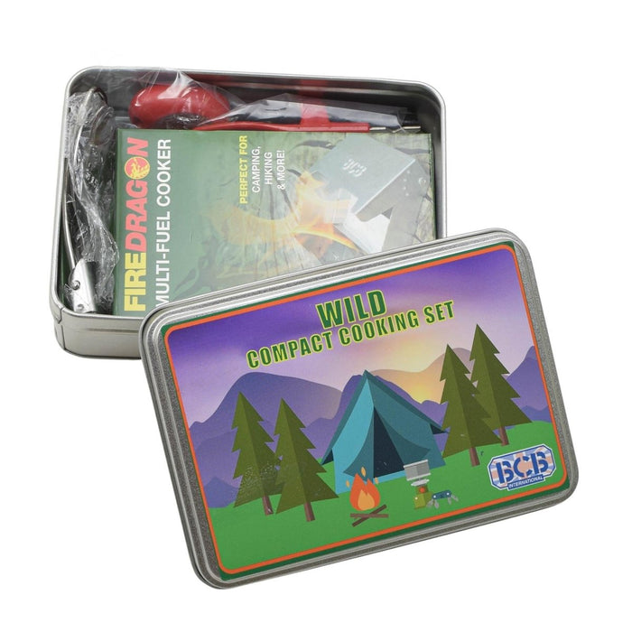 Juego de cocina de camping compacto BCB WILD con hornillo de combustible sólido, cuchara, abrelatas y lata de almacenamiento para senderismo al aire libre.