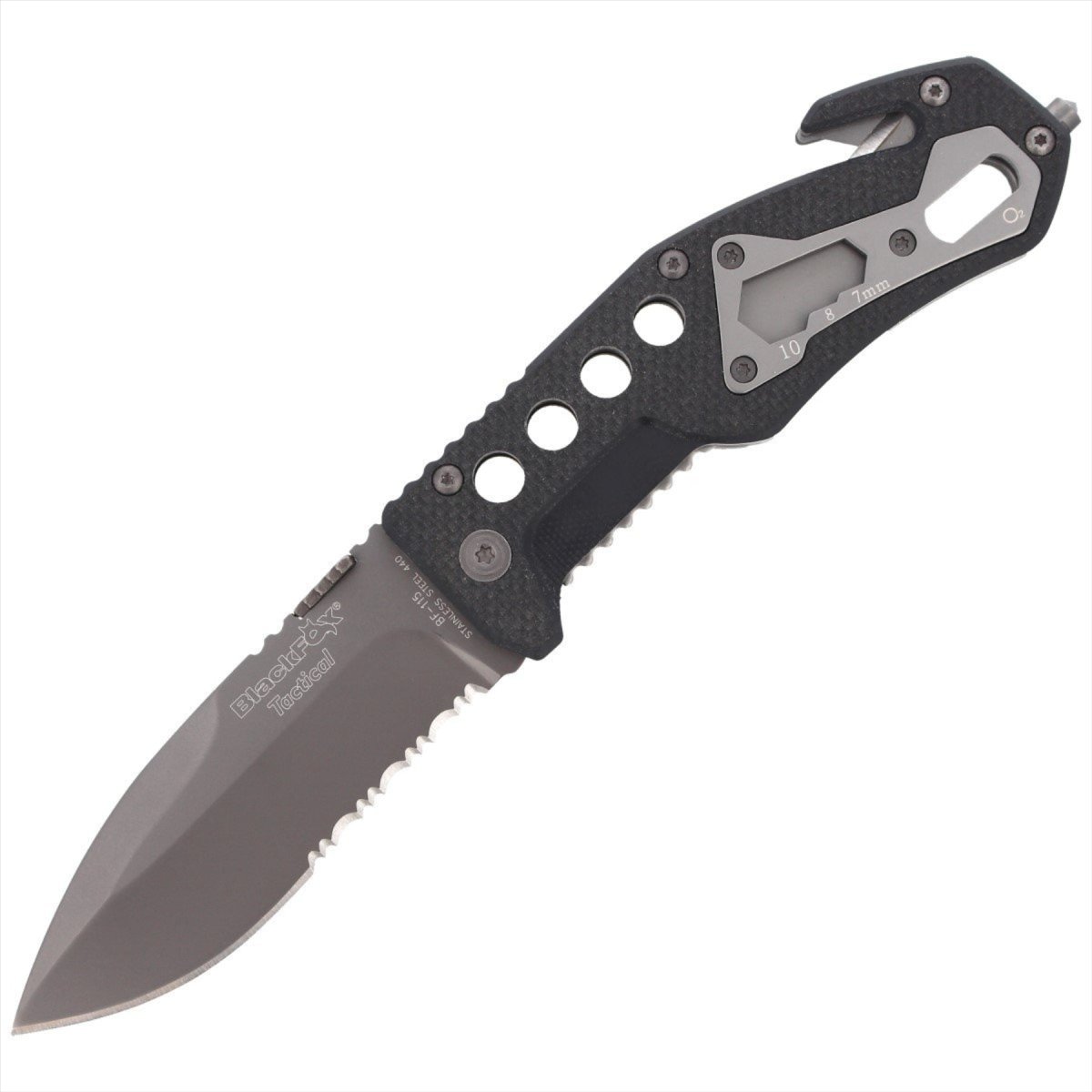 Black Fox BF-115 Navaja táctica de bolsillo AISI 440 Hoja Rompevidrios Mango G10