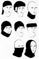 Illustrations of various head coverings on mannequin heads.