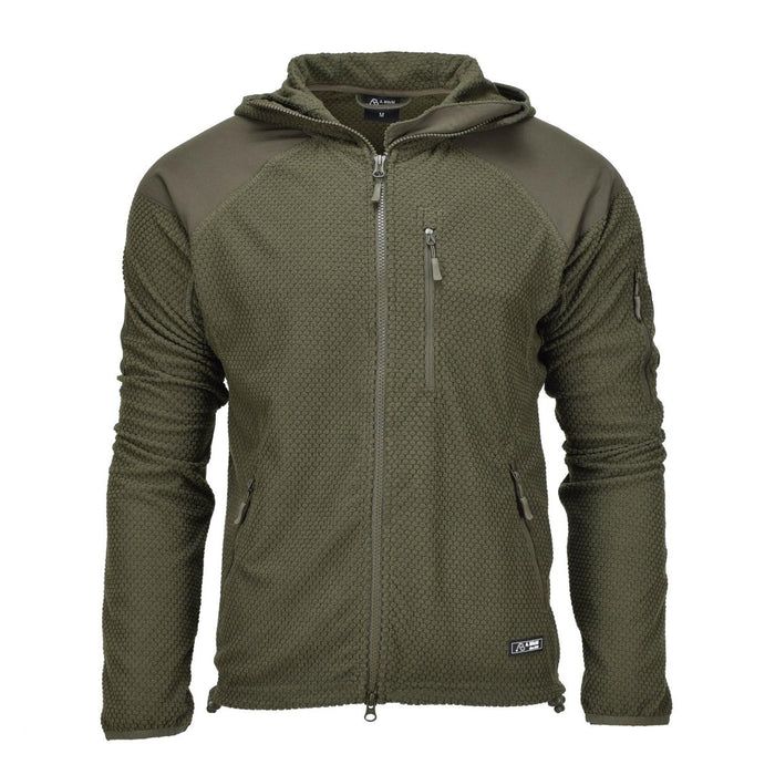 Chaqueta polar Blochl estilo militar en color verde oliva con capucha, refuerzos en hombros y codos y bolsillos delanteros con cremallera.