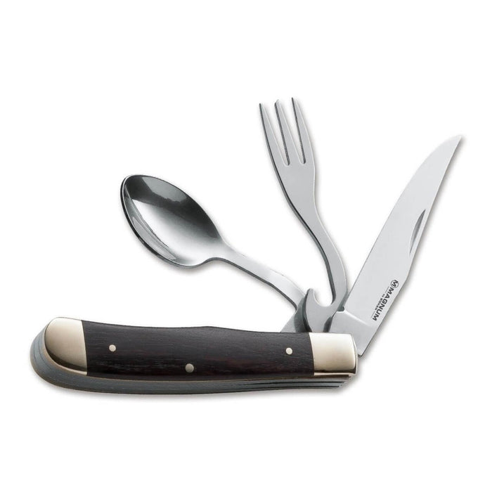 BOKER Juego de cubiertos de bolsillo Bon Appetite con cuchillo, tenedor y cuchara fabricados en acero 440A y mango de madera