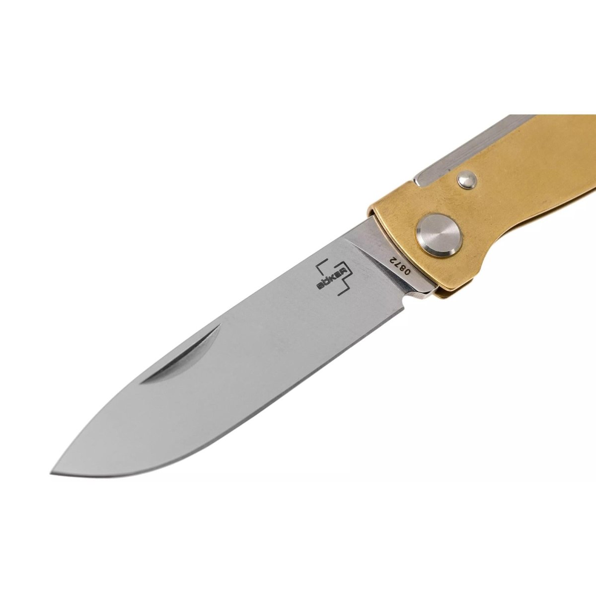 Boker Plus Atlas - Navaja de bolsillo con junta deslizante, mango de latón con punta caída y acabado satinado