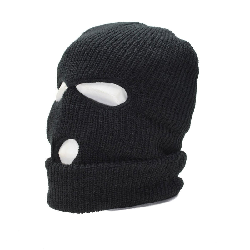 Black knitted balaclava with three holes for eyes and mouth, insulated with 3M Thinsulate for cold weather protection.