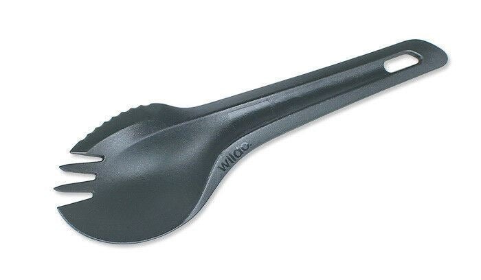 Black Wildo spork combining spoon, fork, and knife features a hole for easy hanging, ideal for camping and outdoor use.