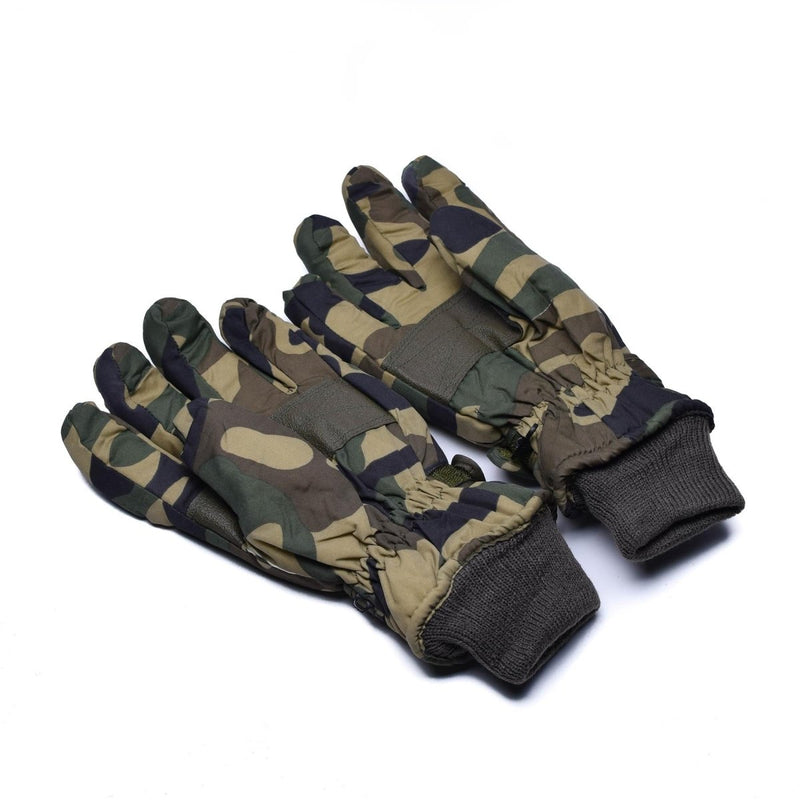 Pair of Thinsulate winter gloves in woodland flecktarn olive camouflage with elasticated cuffs and adjustable straps