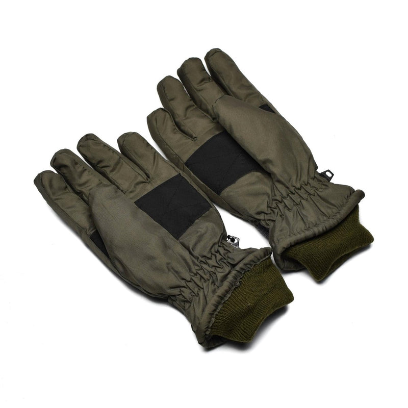 Olive camouflage Thinsulate winter gloves with elastic cuffs and adjustable straps for warmth and durability in cold weather