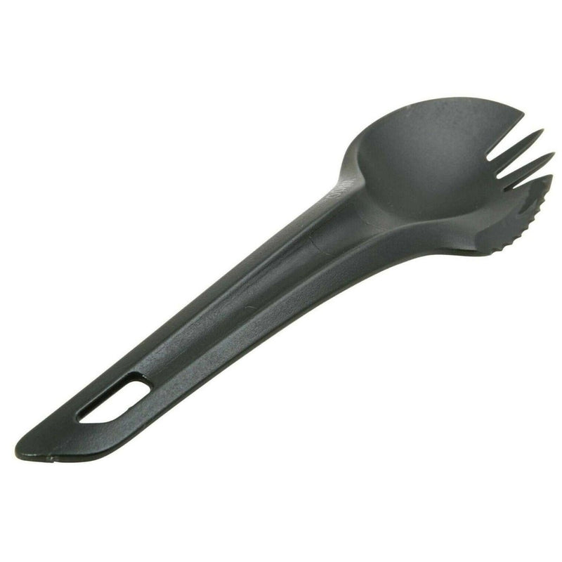 Wildo olive green lightweight spork combining spoon, fork, and knife for outdoor camping and hiking meals