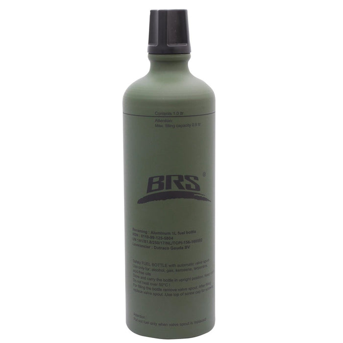 Botella de combustible de aluminio BRS de 1 litro de color verde oliva con tapón de boquilla de rosca para almacenar y dispensar combustibles líquidos