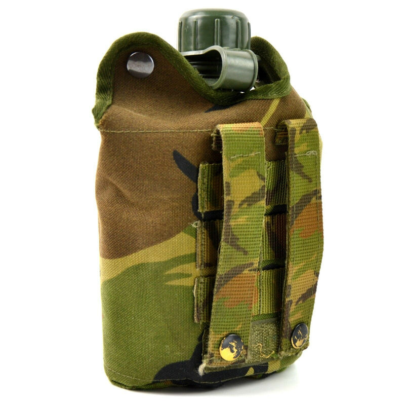 Cantina original del ejército holandés de los Países Bajos con copa y cubierta de camuflaje