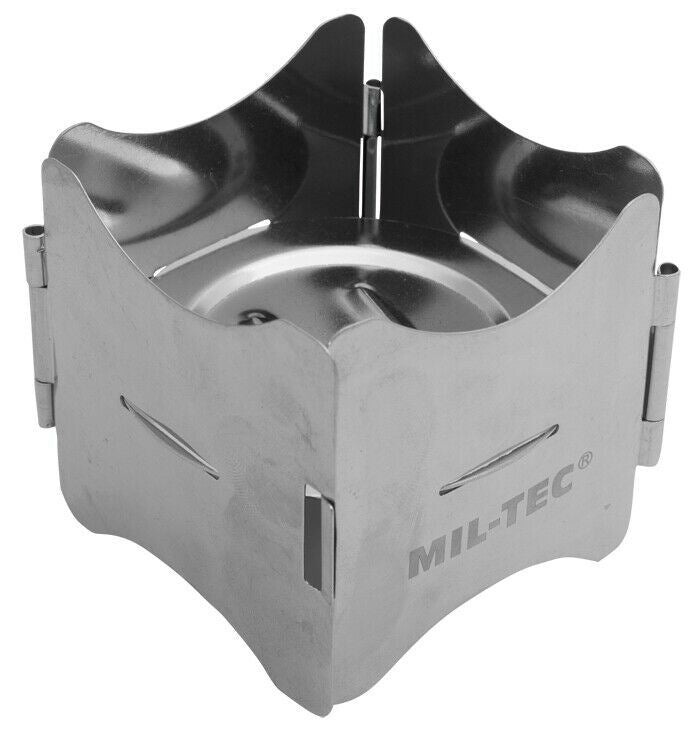 Estufa de camping plegable de acero inoxidable de MIL-TEC con diseño compacto, liviano para cocinar al aire libre y de fácil montaje.