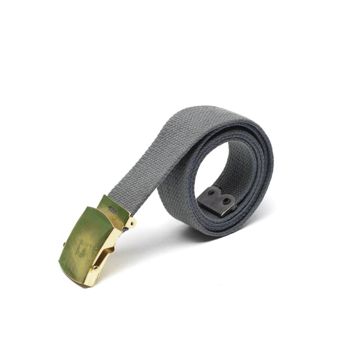 Cinturón militar de lona gris unisex con hebilla de caja dorada, accesorio excedente militar informal, ajustable y duradero.