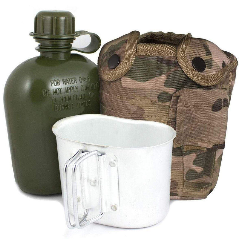 Botella de agua de cantina M1 de estilo del ejército de EE. UU. Con taza de cubierta y clips de Alice Militares de los Estados Unidos